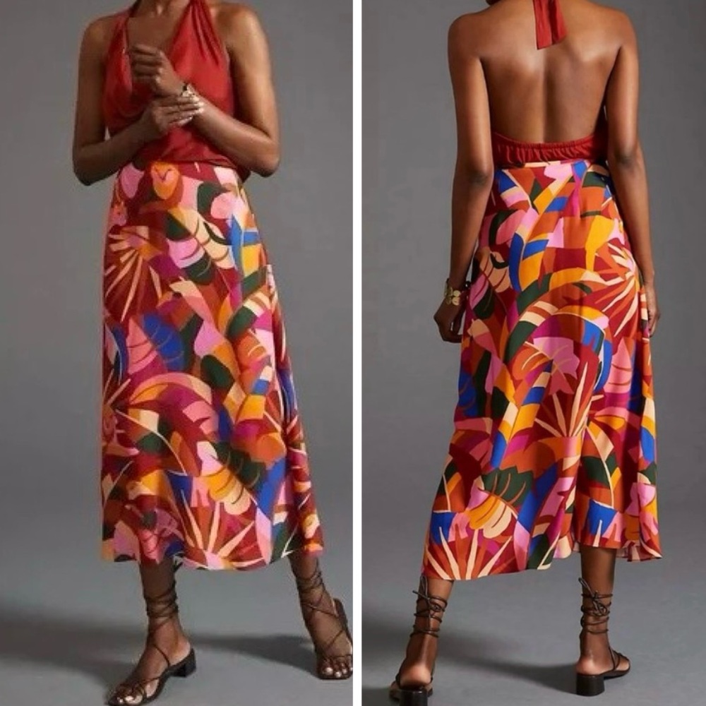 Farm Rio Lion Jungle Leaf Tropical Slip Midi Skirt, Size XXS